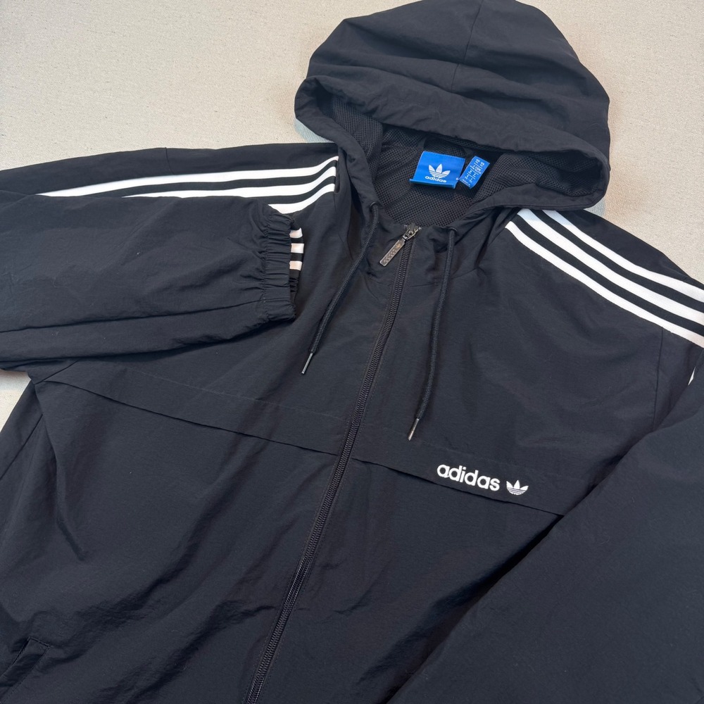 Adidas XL Windbreaker Mens Black 3-Stripe Trefoil Hooded Jacket BR6984